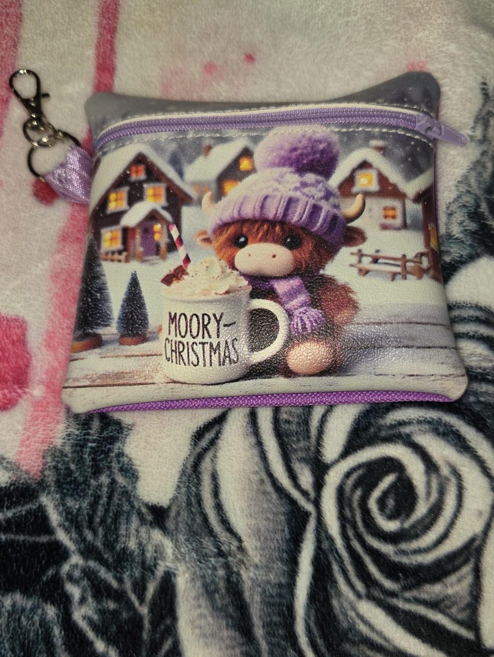 Cute Purple Holiday Coin Pouch with Snowy Highland Cow Design
